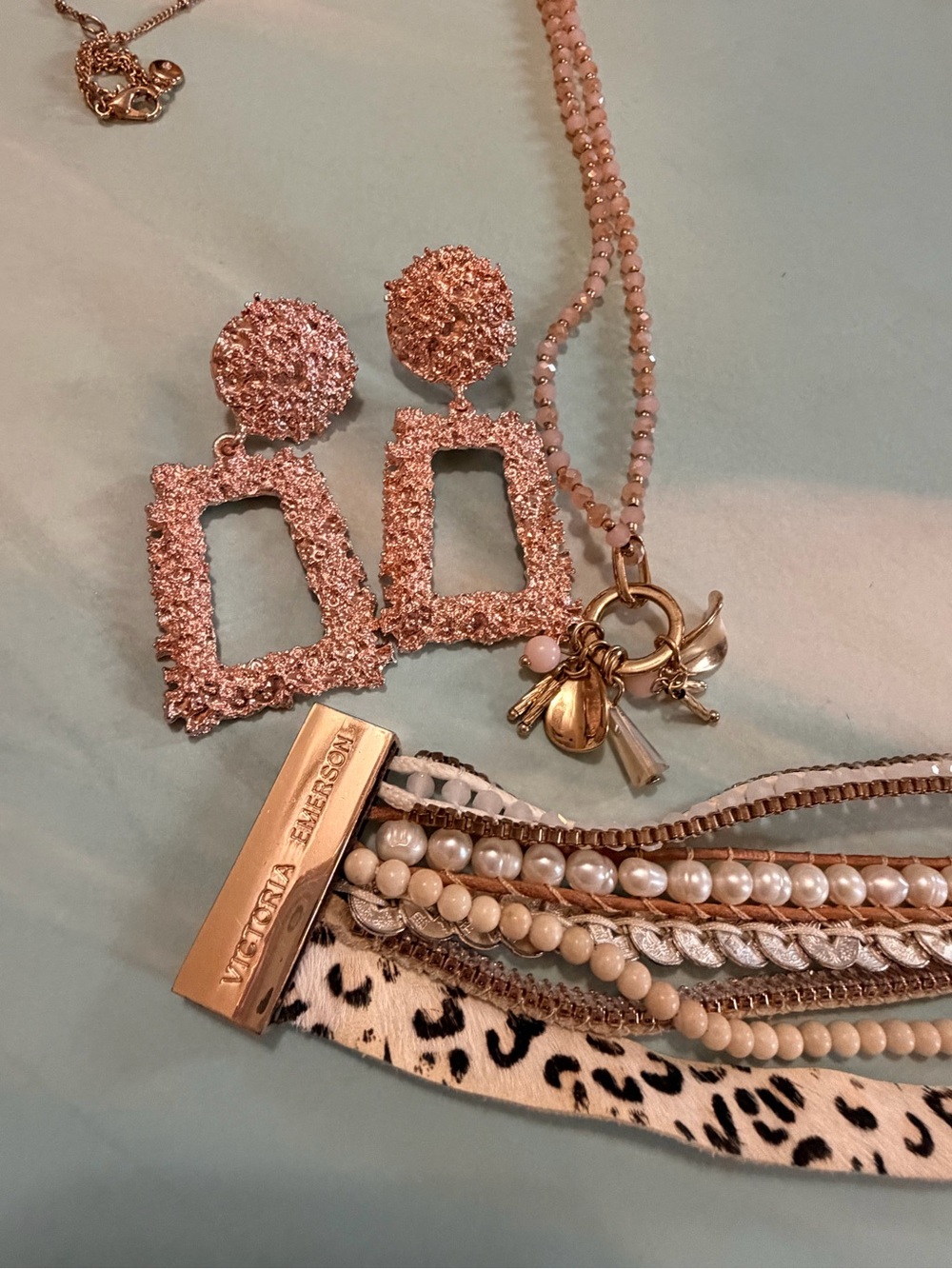 Victoria Emerson Bracelet Rose Gold Textured Geometric Drop Earrings & necklace